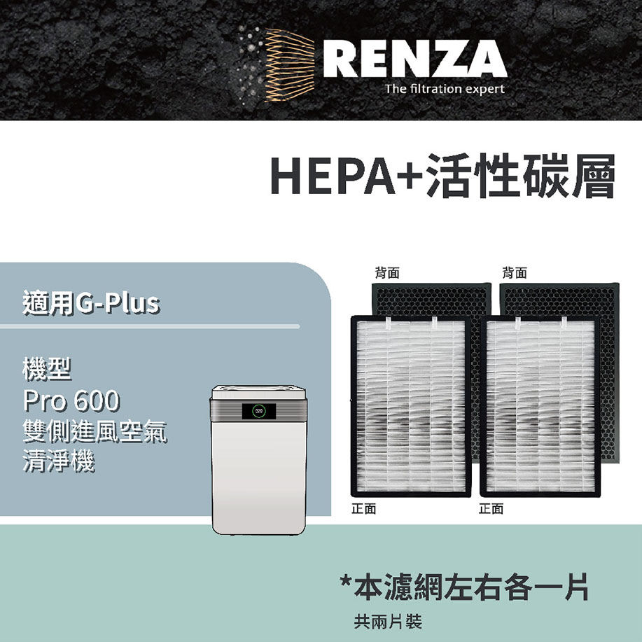 RENZA 適用 G-Plus 拓勤 Pro 600 雙側進風空氣清淨機 HEPA+除臭活性碳 二合一濾網組 2片裝
