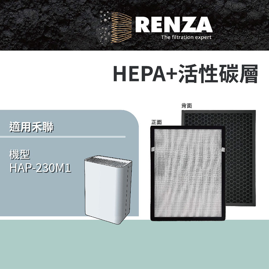 RENZA濾網 適用禾聯 HERAN HAP-230M1 PM2.5 空氣清淨機 除臭活性碳 二合一 HEPA濾網