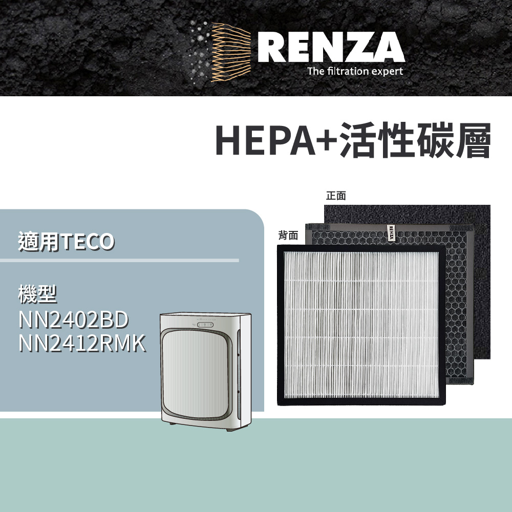 RENZA 適用 TECO 東元 NN2402BD NN2412RMK DC直流高效清淨機 HEPA+活性碳濾網組