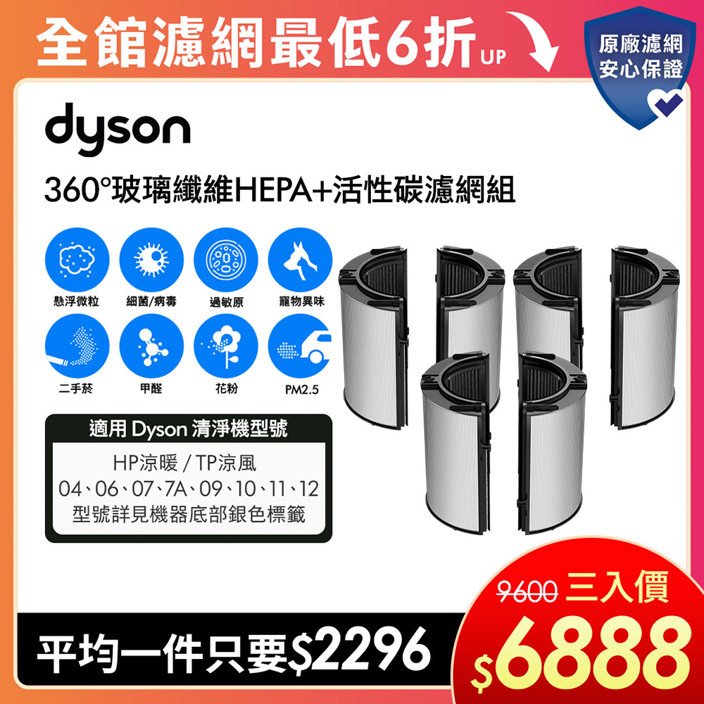Dyson 戴森 360°玻璃纖維HEPA+活性碳濾網 適用04/06/07/09/10/12清淨機系列 (三入組) 原廠公司貨