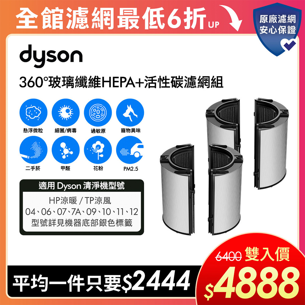 Dyson 戴森 360°玻璃纖維HEPA+活性碳濾網(雙入組) 適用04/06/07/09/10/12清淨機系列 原廠公司貨