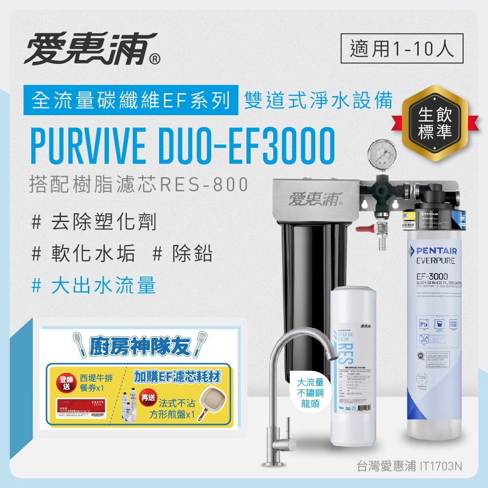 愛惠浦 EVERPURE PURVIVE Duo-EF3000兩道式廚下型淨水器(前置樹脂濾芯)