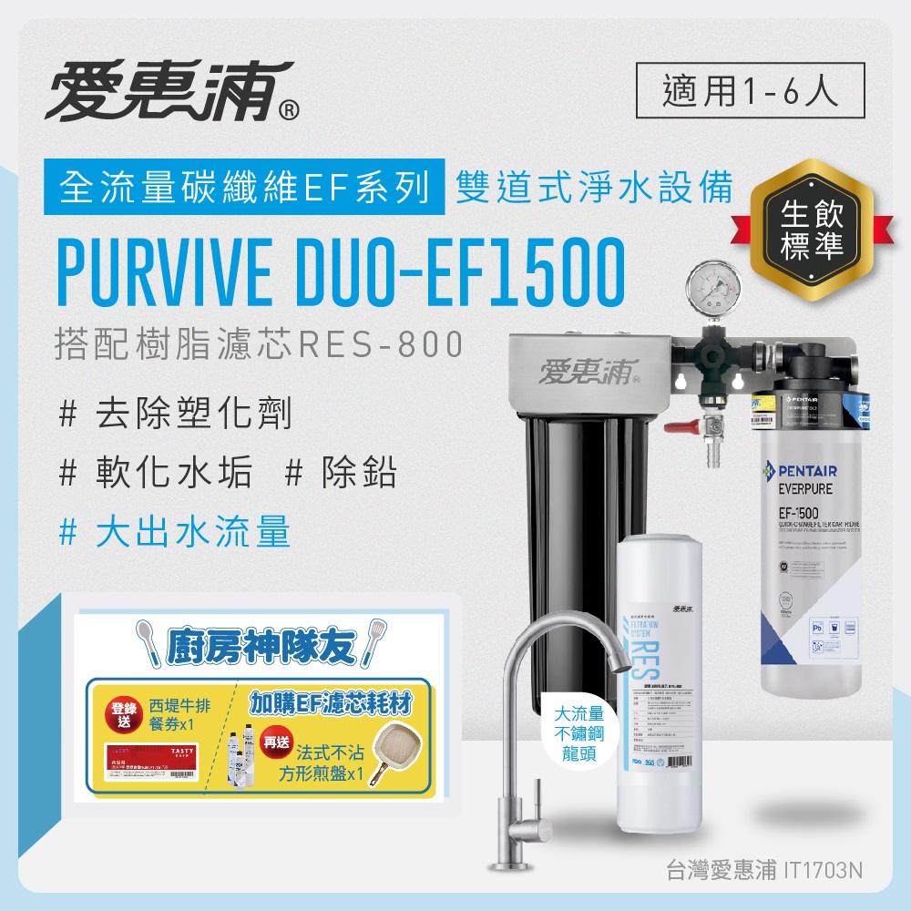 愛惠浦 EVERPURE PURVIVE Duo-EF1500兩道式廚下型淨水器(前置樹脂濾芯)