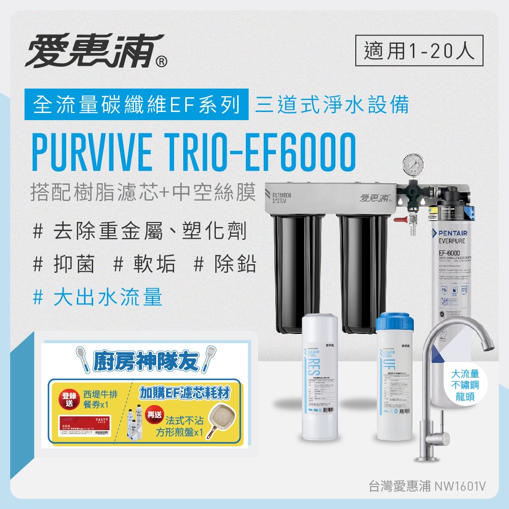 愛惠浦 EVERPURE PURVIVE Trio-EF6000三道式廚下型淨水器(前置樹脂+中空絲膜濾芯)