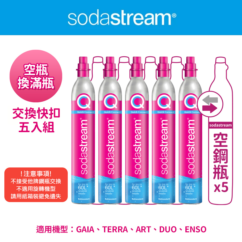 Sodastream 【交換鋼瓶】 CO2交換快扣鋼瓶425g-5入組(您須有5支空鋼瓶 僅適用快扣機種)