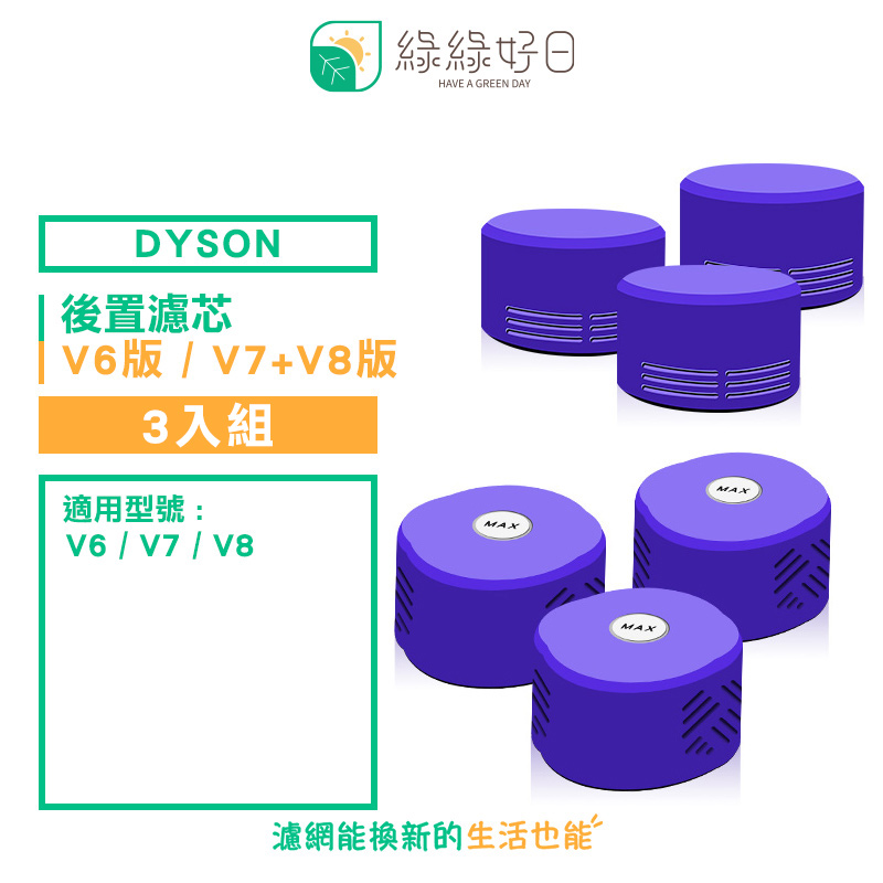 綠綠好日 適用 Dyson SV07 SV08 SV09 V6 V7 V8【三入組】手持吸塵器 後置濾芯