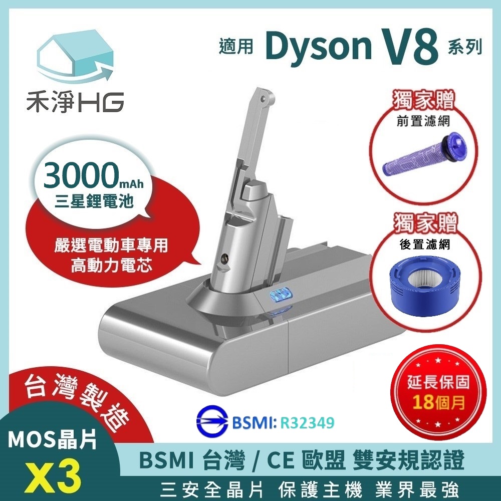 【禾淨家用HG】Dyson V8 DC8300 3000mAh 副廠吸塵器配件 鋰電池(前+後置濾網)