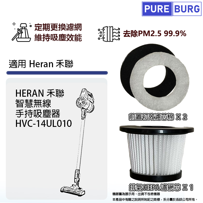 適用HERAN禾聯HVC-14UL010智慧無線手持吸塵器HEPA濾網濾芯+前置濾棉 X 2片
