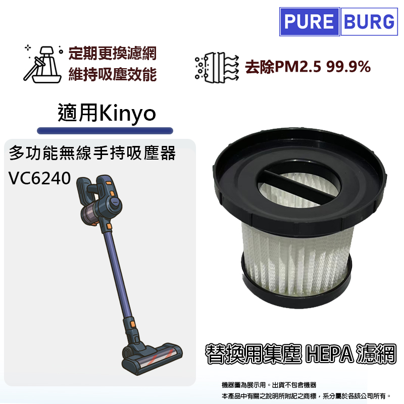 適用Kinyo KVC-6240 KVC6240多功能無線手持吸塵器替換用HEPA濾網濾芯