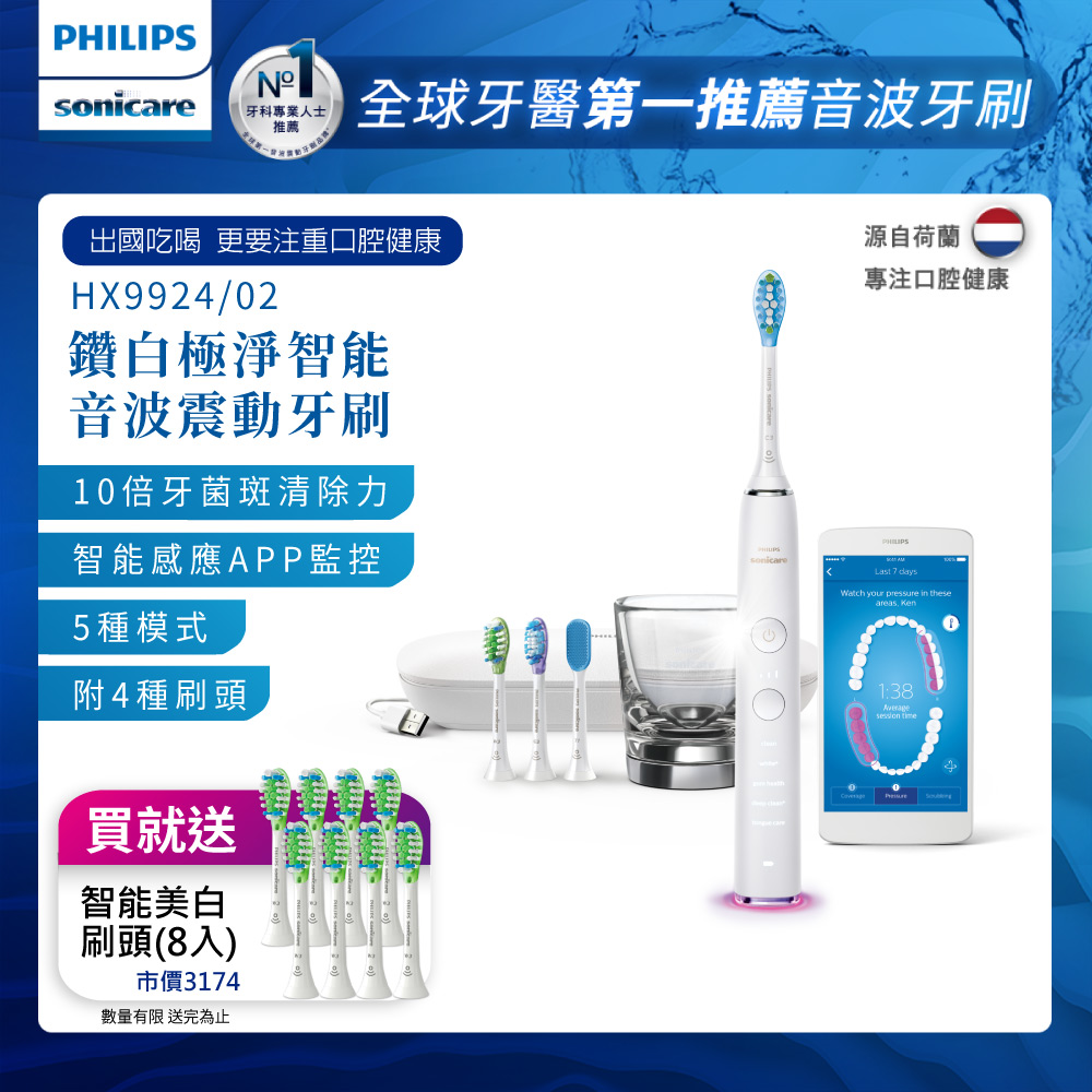 【PHILIPS 飛利浦】Sonicare DiamondClean Smart 鑽石靚白智能音波震動牙刷HX9924/02 (白)