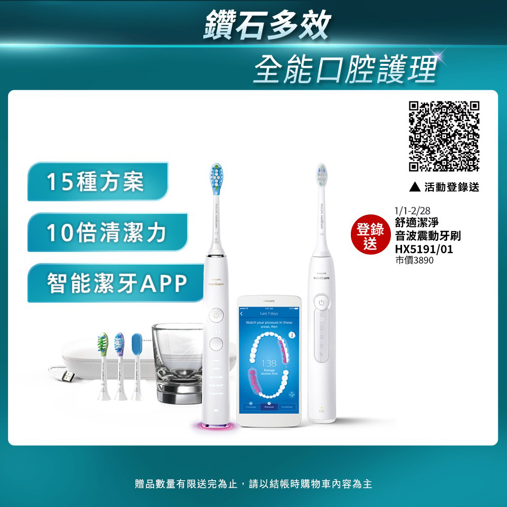 PHILIPS 飛利浦 官方直營 Sonicare DiamondClean Smart 鑽石極淨智能音波震動牙刷HX9924/02 (晶鑽白)(電動牙刷)