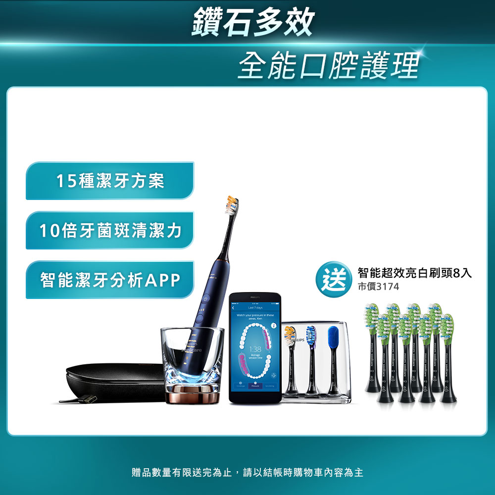 【PHILIPS 飛利浦】Sonicare DiamondClean Smart 鑽石靚白智慧音波震動牙刷HX9954/52 (深藍)