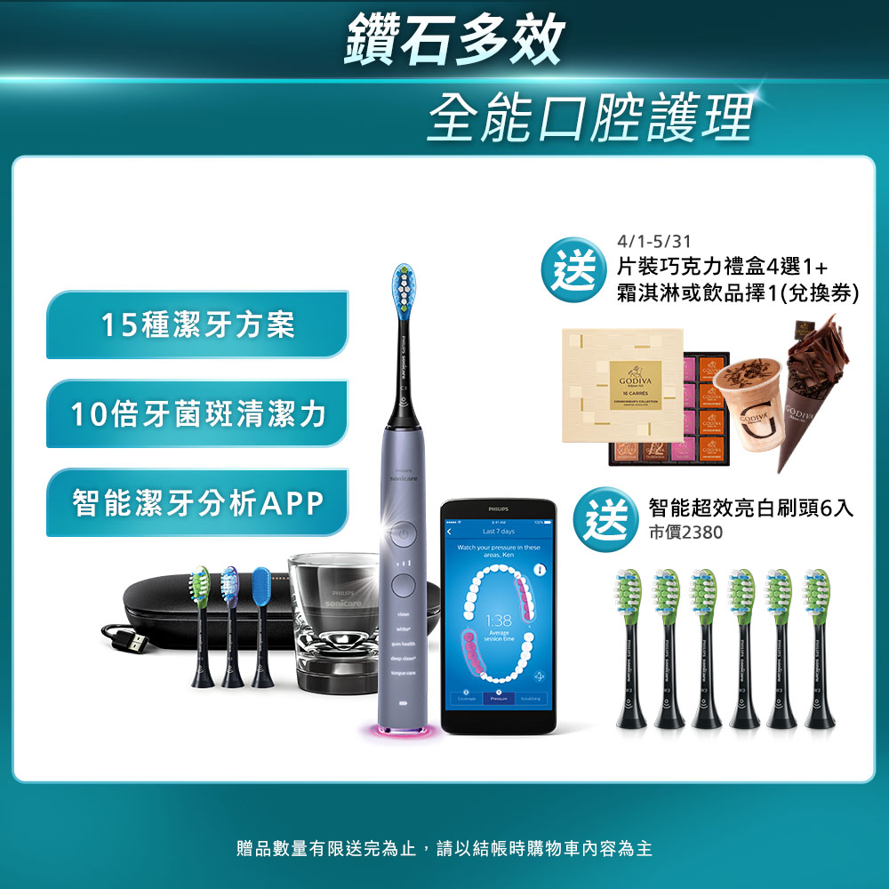 【PHILIPS 飛利浦】Sonicare DiamondClean Smart 鑽石靚白智慧音波震動牙刷HX9924/42 (絢光銀)