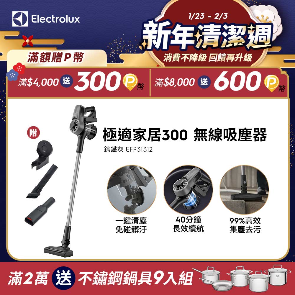 Electrolux 伊萊克斯 300系列 無線吸塵器 鎢鐵灰 EFP31312