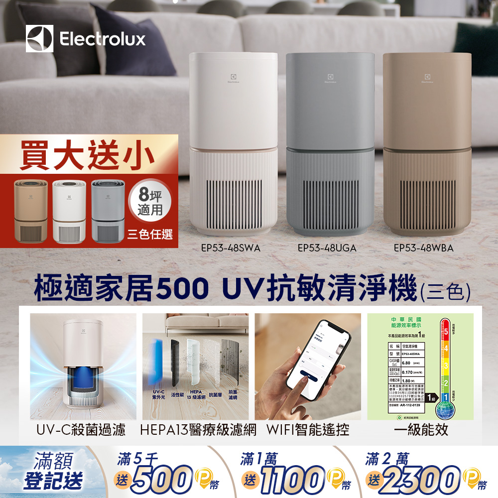 【Electrolux 伊萊克斯】極適家居500 UV抗敏空氣清淨機(三色)/SGS抗過敏認證/WIFI智能遙控