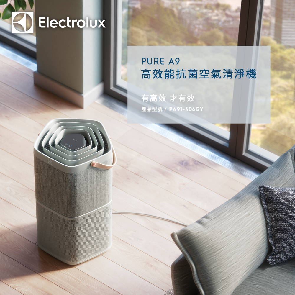 【Electrolux 伊萊克斯】Pure A9 高效能抗菌空氣清淨機 (淺灰 PA91-406GY) 適用15坪內