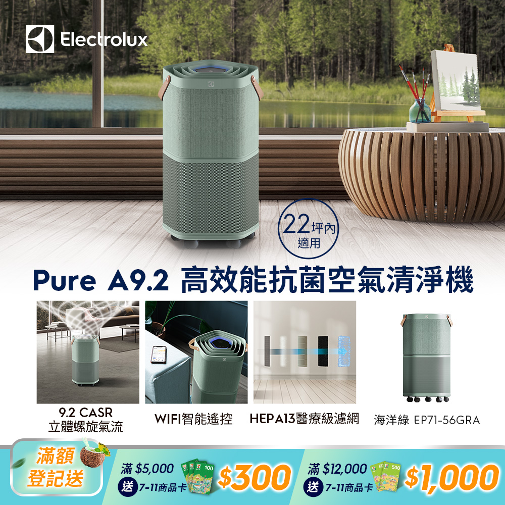 【Electrolux 伊萊克斯】Pure A9.2 高效能抗菌空氣清淨機(EP71-56GRA 海洋綠)適用22坪空間