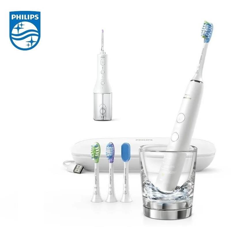 PHILIPS 飛利浦 鑽石靚白智能音波震動牙刷(HX9924/02) 白+X型水流電動沖牙機 (HX3826/31)白