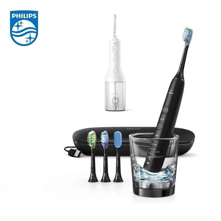 PHILIPS 飛利浦 鑽石靚白智能音波震動牙刷(HX9924/12) 黑+X型水流電動沖牙機 (HX3826/31)白