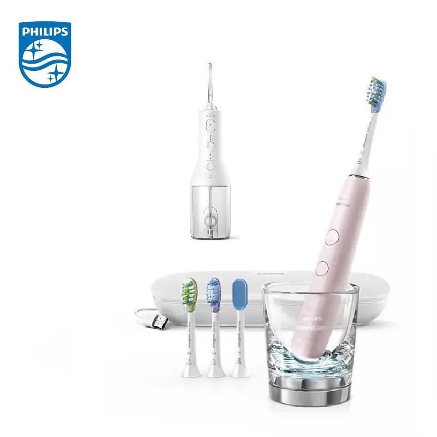 PHILIPS 飛利浦 鑽石靚白智能音波震動牙刷(HX9924/22) 粉+X型水流電動沖牙機 (HX3826/31)白