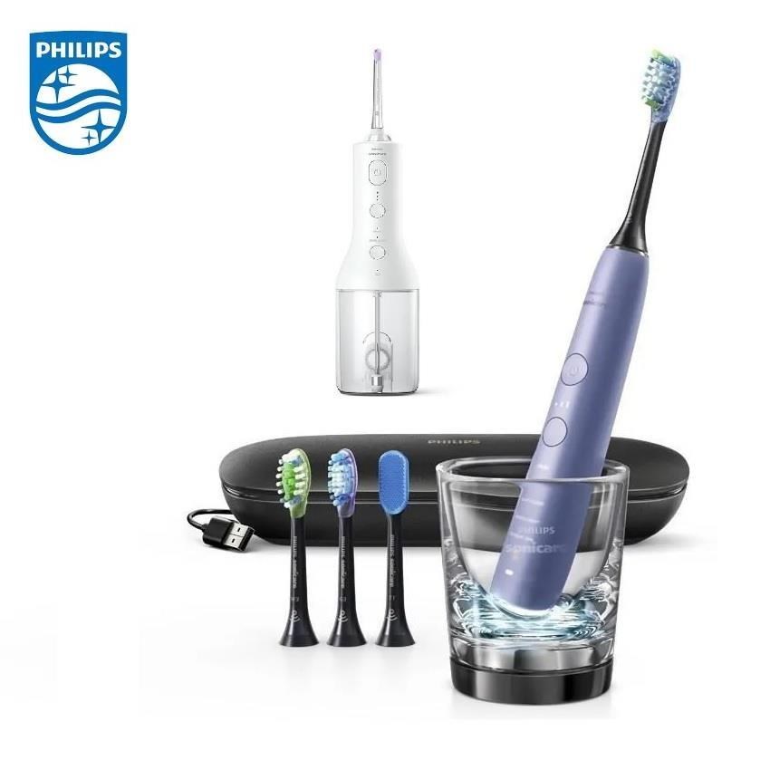PHILIPS 飛利浦 鑽石靚白智能音波震動牙刷(HX9924/42) 銀+X型水流電動沖牙機 (HX3826/31)白