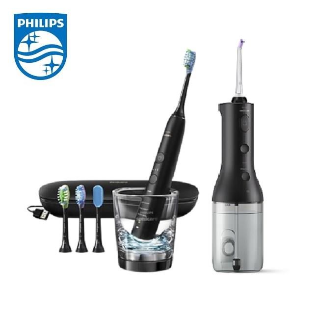 PHILIPS 飛利浦 鑽石智能音波震動牙刷(HX9924/12) 黑+ X型電動沖牙機 (HX3826/33)黑