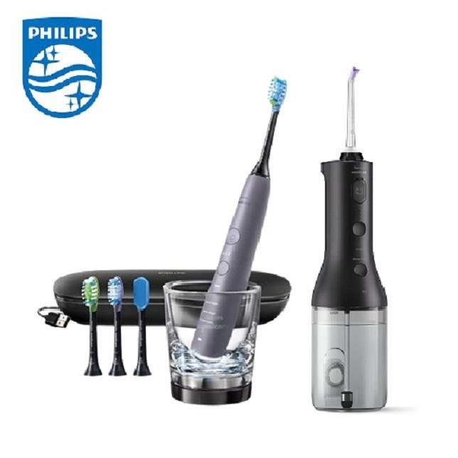 PHILIPS 飛利浦 鑽石智能音波震動牙刷(HX9924/42) 銀 + X型電動沖牙機 (HX3826/33)黑