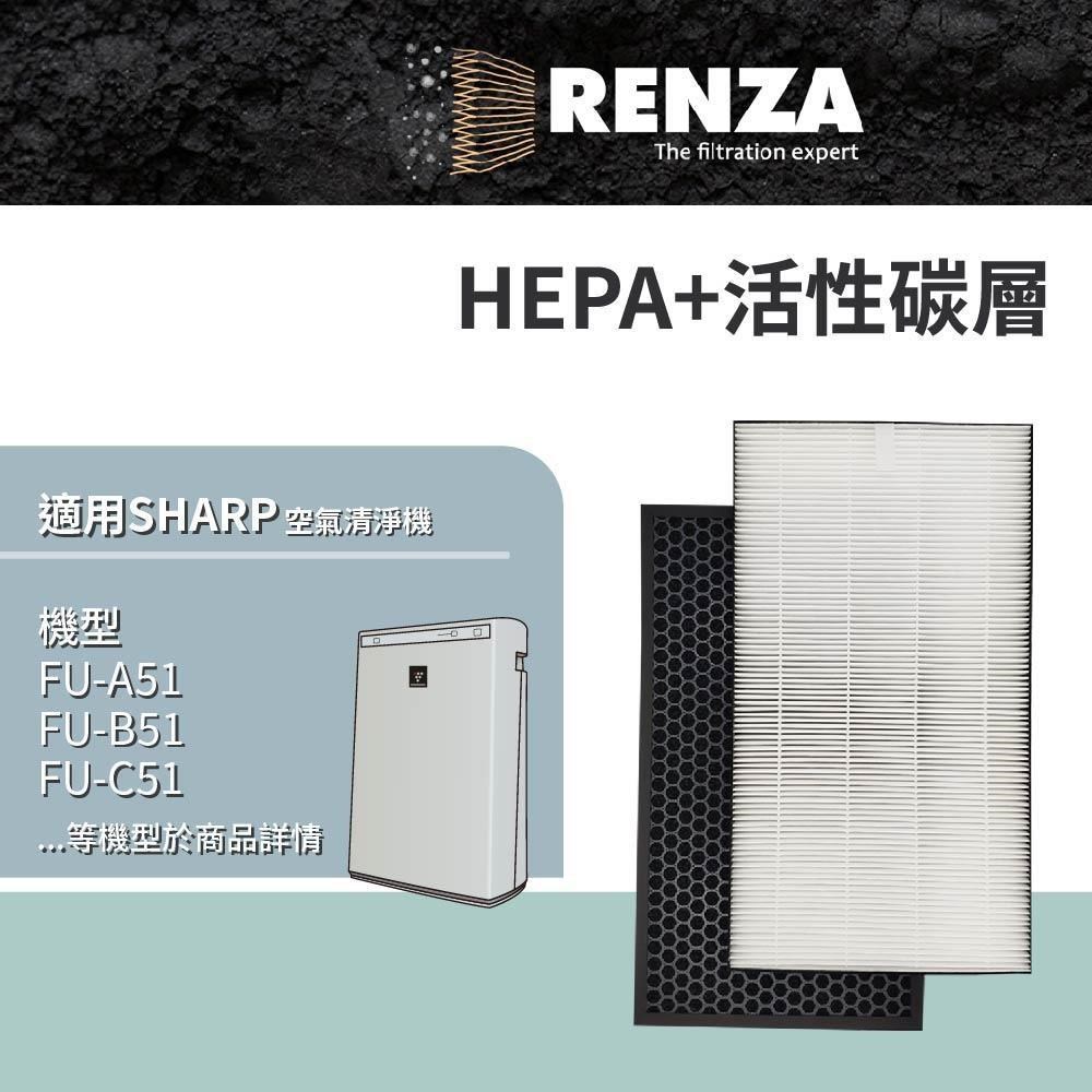 RENZA適用Sharp夏普 FU-A51 B51 C51 D51 E51 F51 G51 H51 空清機HEPA活性碳