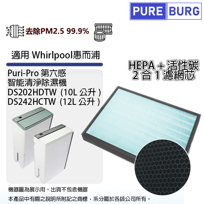 適用Whirlpool惠而浦DS202HDTW DS242HCTW第六感智慧清淨除濕機2合1 HEPA+活性碳濾網濾芯 ADS003