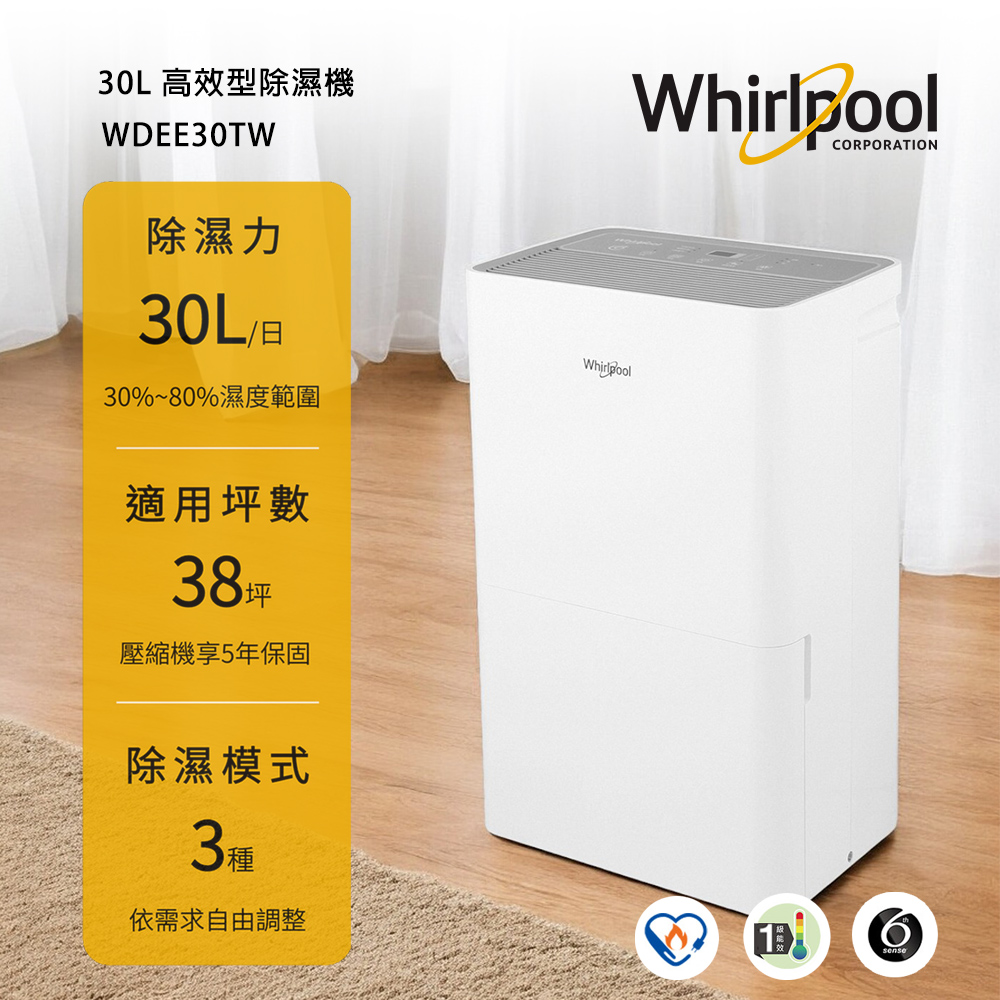 【Whirlpool惠而浦】高效節能除濕型30公升第六感智能除濕機 WDEE30TW (一級能效)