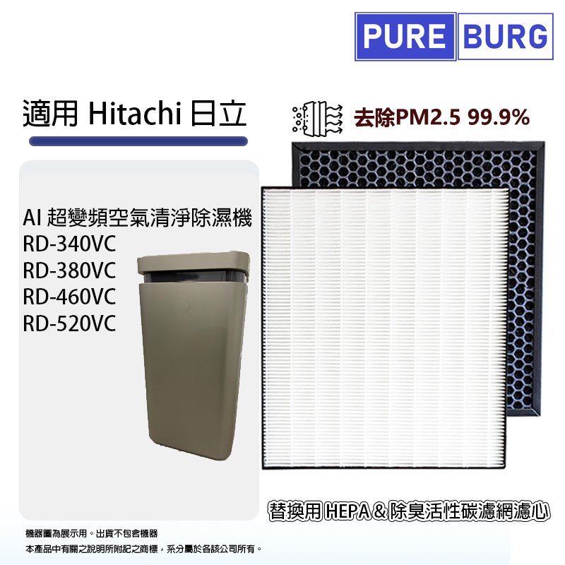 適用Hitachi日立RD-340VC RD-380VC RD-460VC RD-520VC超變頻空氣清淨除濕機HEPA+除臭活性碳濾網芯