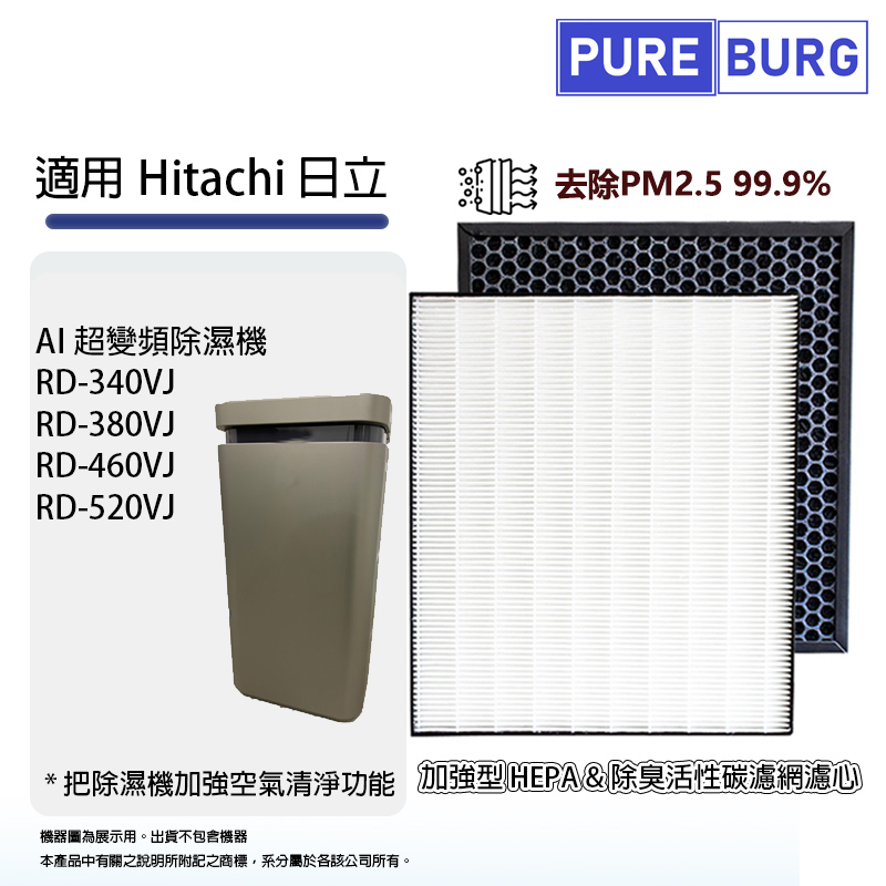 適用Hitachi日立RD-340VJ RD-380VJ RD-460VJ RD-520VJ AI超變頻除濕機HEPA+除臭活性碳濾網芯