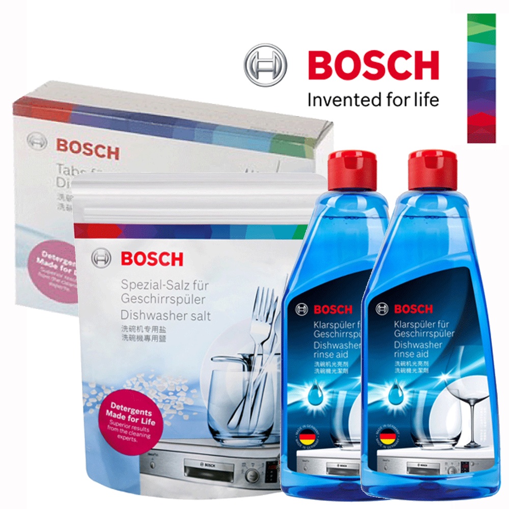 BOSCH博世 洗碗機清潔劑套餐(洗碗碇30碇/盒*1+軟化鹽1KG/包*2+光潔劑500ml/瓶*1)