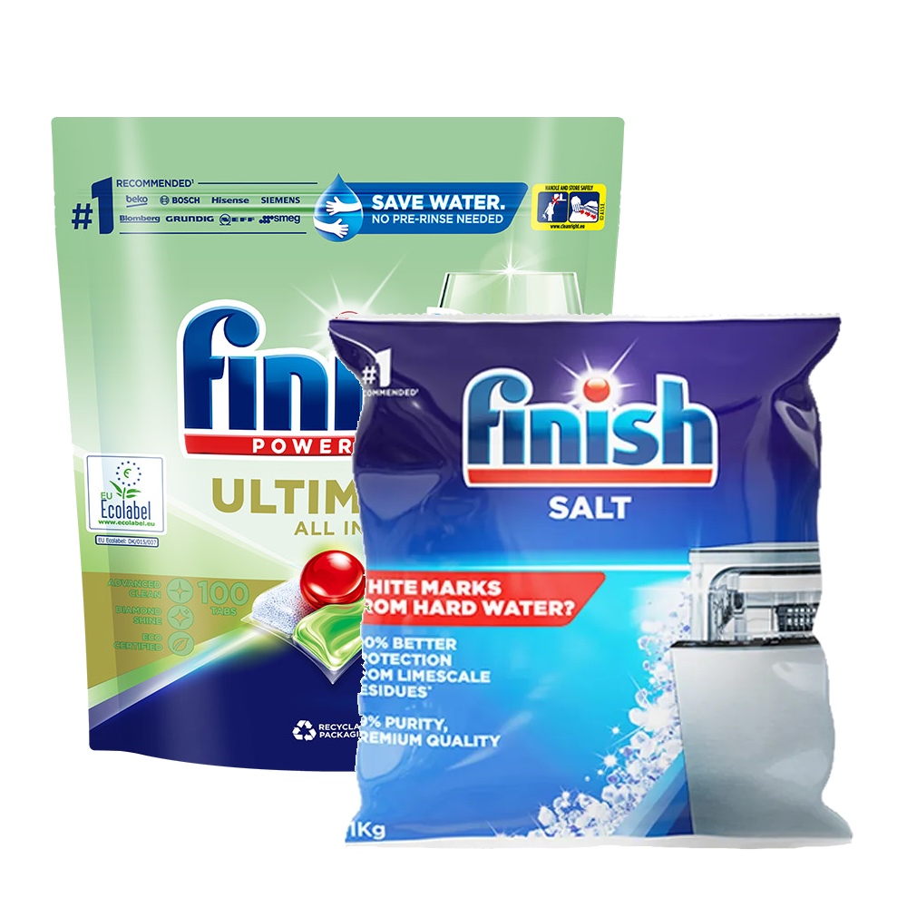 finish 亮碟 洗碗機零新增洗碗凝珠100顆+軟化鹽軟水鹽1kg(2入組)