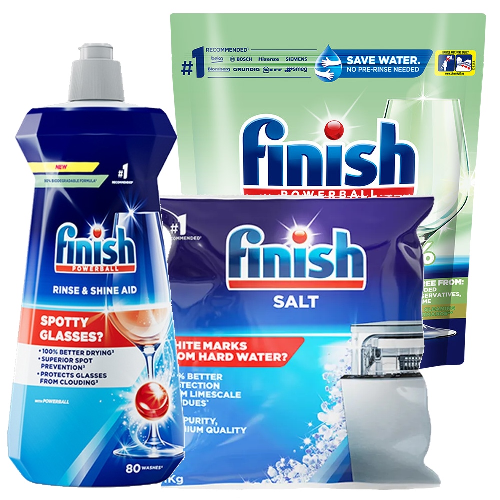 finish 亮碟 洗碗機零新增洗碗凝珠100顆+光潔潤乾劑400ml+軟化鹽1kg(3入組)