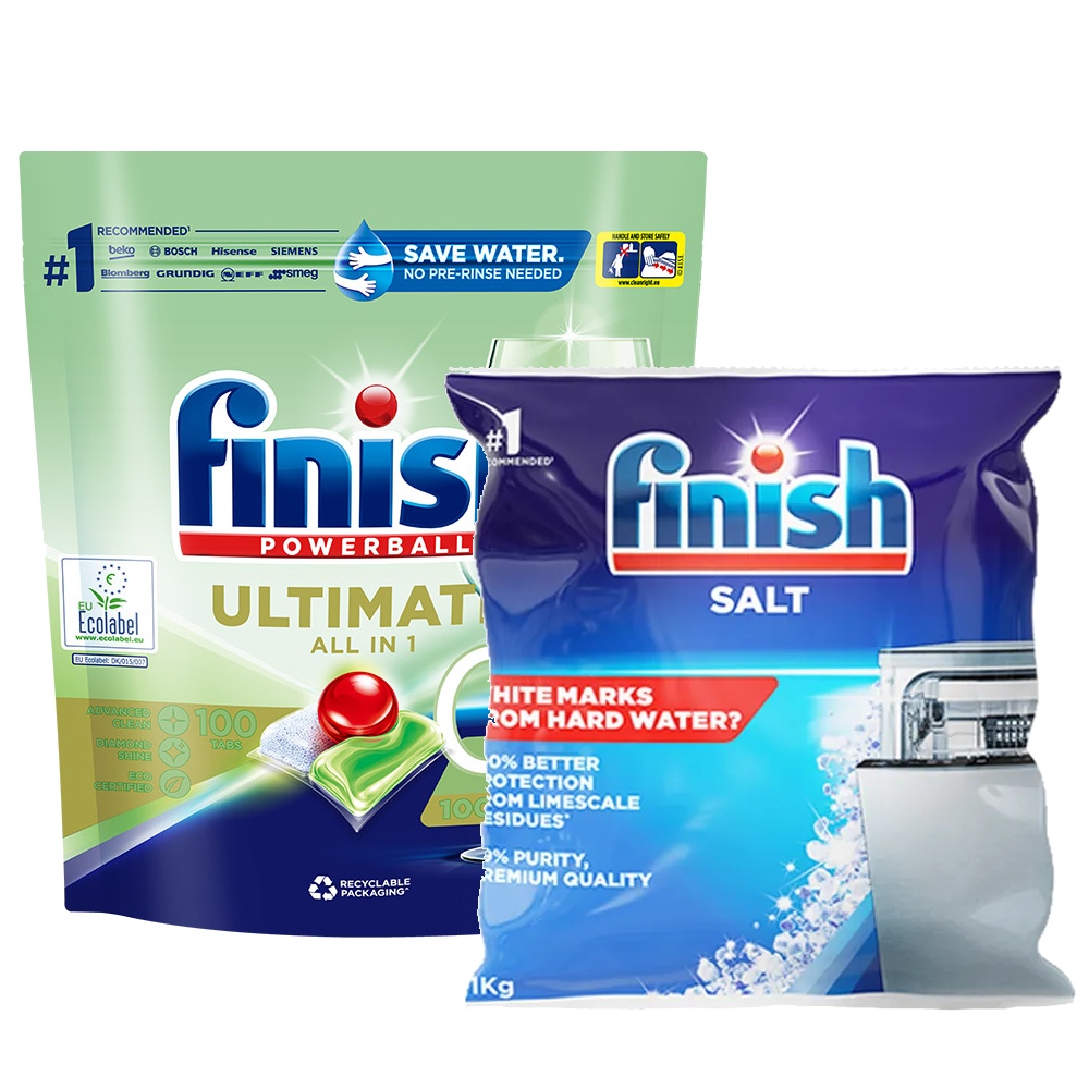 finish 亮碟 洗碗機零新增洗碗凝珠100顆+軟化鹽軟水鹽1kg(2入組)