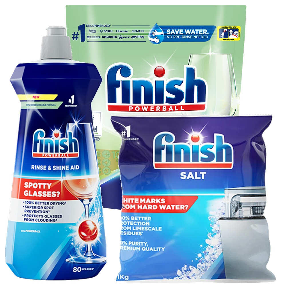 finish 亮碟 洗碗機零新增洗碗凝珠100顆+光潔潤乾劑400ml+軟化鹽1kg(3入組)
