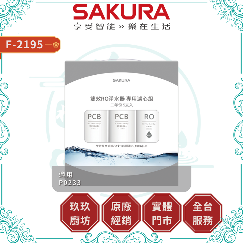 SAKURA櫻花牌 F2195 濾芯專為2公升以下水壺設計，提供高效淨水過濾，產地中國，正品公司貨，新品保固僅限瑕疵，適合日常飲用水淨化，提升水質安全與健康。