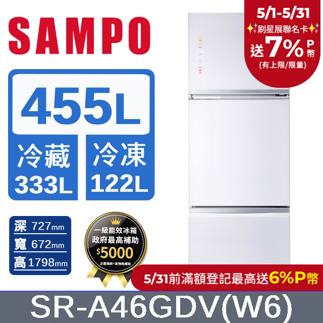 SAMPO 聲寶455公升一級能效AIE全平面玻璃變頻三門冰箱 SR-A46GDV(W6)