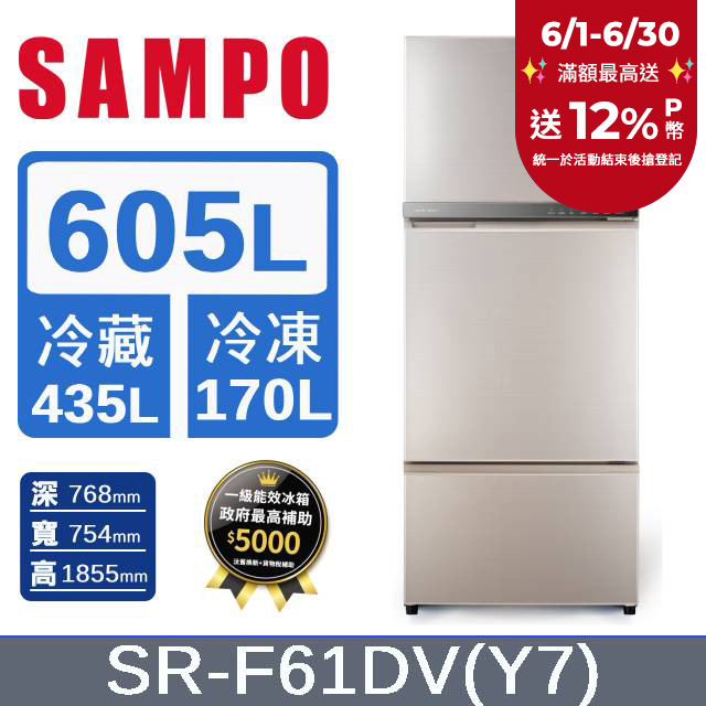 SAMPO 聲寶605公升一級星美滿極光鈦變頻玻璃冰箱 SR-F61DV(Y7)