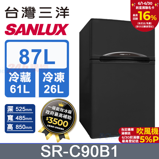 【SANLUX 臺灣三洋】87L 一級能效雙門小冰箱 （SR-C90B1）