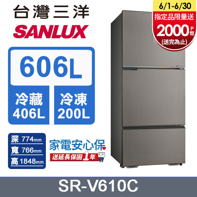 【SANLUX 台灣三洋】606L 變頻大冷凍室一級三門電冰箱 (SR-V610C)