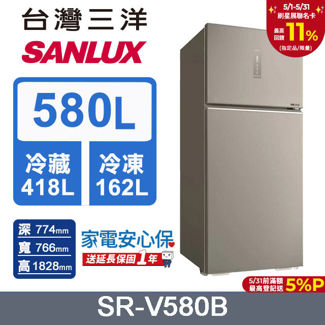 【SANLUX 臺灣三洋】580L 變頻大蔬果室一級雙門電冰箱 (SR-V580B)