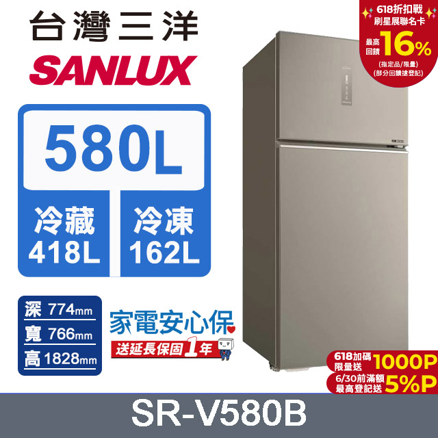 【SANLUX 臺灣三洋】580L 變頻大蔬果室一級雙門電冰箱 (SR-V580B)