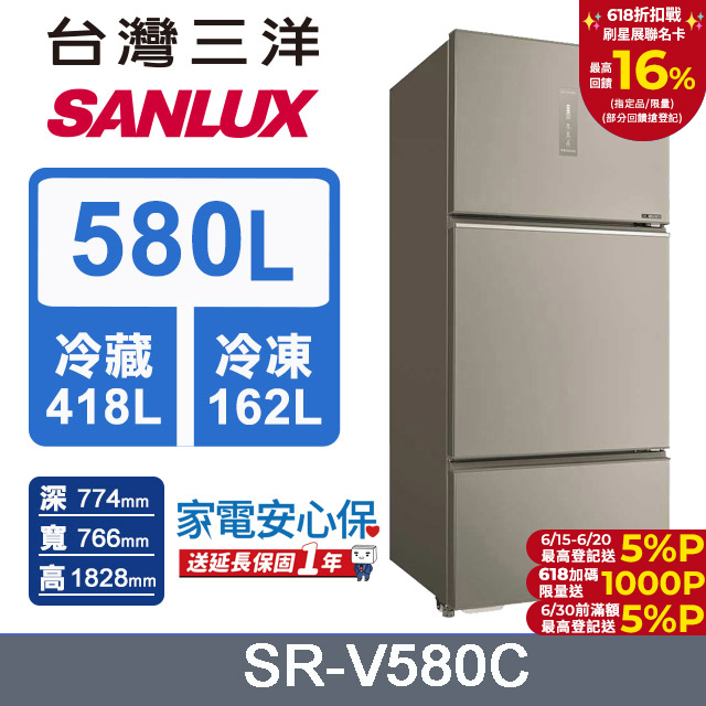 【SANLUX 臺灣三洋】580L 直流變頻一級三門電冰箱 (SR-V580C)