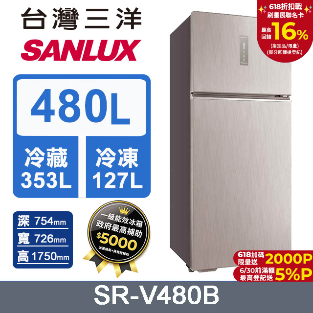 【SANLUX 臺灣三洋】480L 一級變頻大蔬果室雙門冰箱 (SR-V480B)