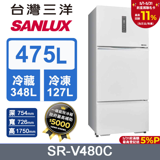 【SANLUX 臺灣三洋】475L 一級變頻三門冰箱 (SR-V480C)