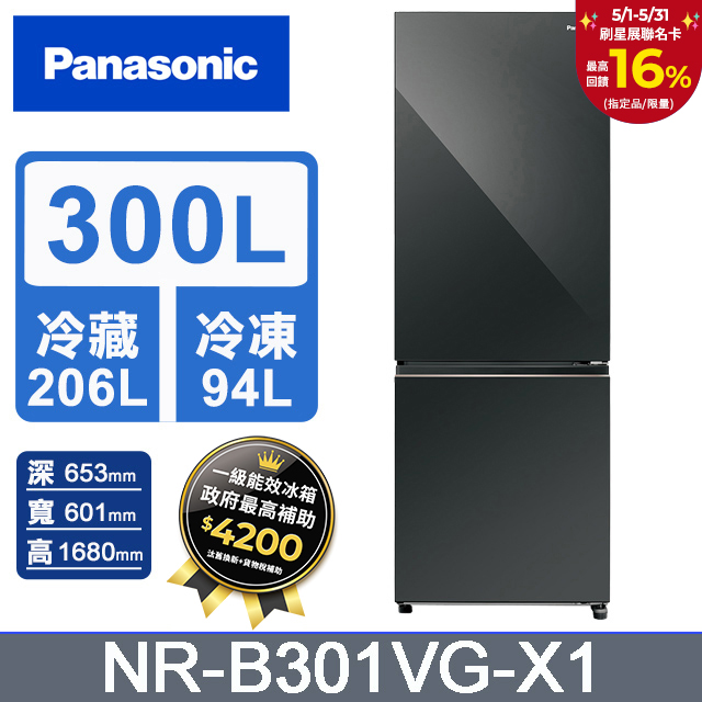 Panasonic國際牌 300公升雙門冰箱NR-B301VG-X1(鑽石黑)