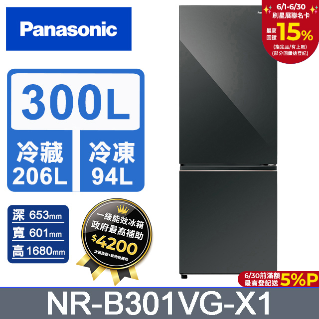 Panasonic國際牌 300公升雙門冰箱NR-B301VG-X1(鑽石黑)