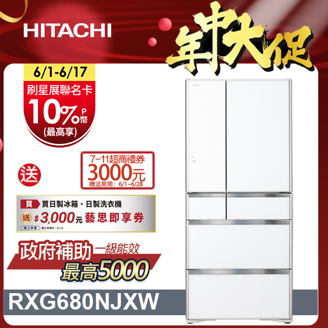 HITACHI 日立 676公升日本原裝變頻六門冰箱 RXG680NJ琉璃白(XW)